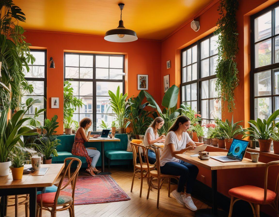 A vibrant, imaginative scene showcasing a diverse group of bloggers passionately typing on their laptops in a cozy café filled with colorful artwork and lush plants. Each blogger is surrounded by unique personal items that reflect their individual voices and creative processes. A large window lets in warm sunlight, illuminating their determination and camaraderie. The overall atmosphere is lively and inspiring. super-realistic. vibrant colors. cozy interior.