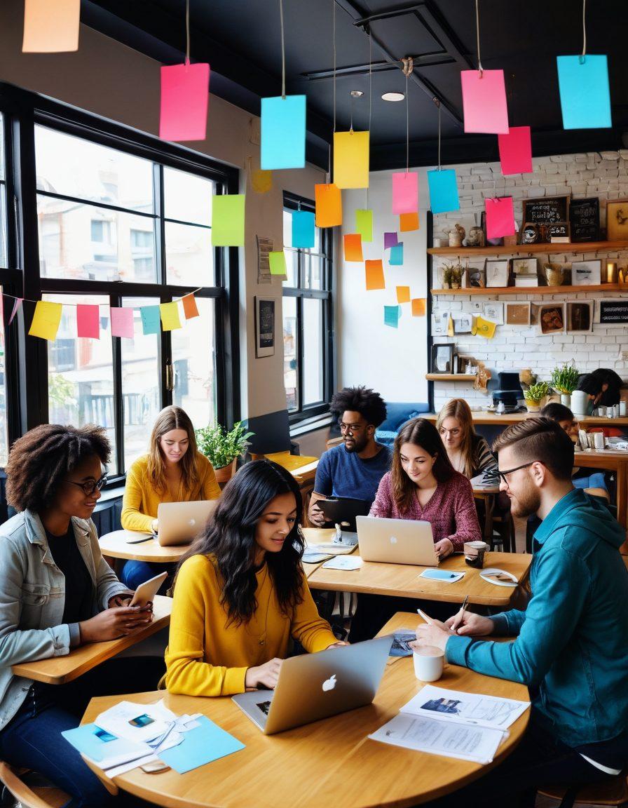 A vibrant illustration of a diverse group of bloggers in a lively café, engaged in sharing ideas and writing on laptops, surrounded by colorful sticky notes and coffee cups. Include elements of social media icons floating around to symbolize information sharing. The scene is warm and inviting, reflecting a sense of community and collaboration. super-realistic. vibrant colors. cozy atmosphere.