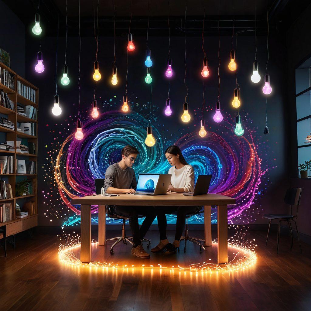 A person sitting at a desk surrounded by floating ideas represented as colorful lightbulbs, with a laptop open displaying a captivating story. In the background, a path made of words leads to a bright horizon symbolizing impact and creativity. The scene is infused with dynamic swirls of inspiration and energy. vibrant colors. super-realistic.